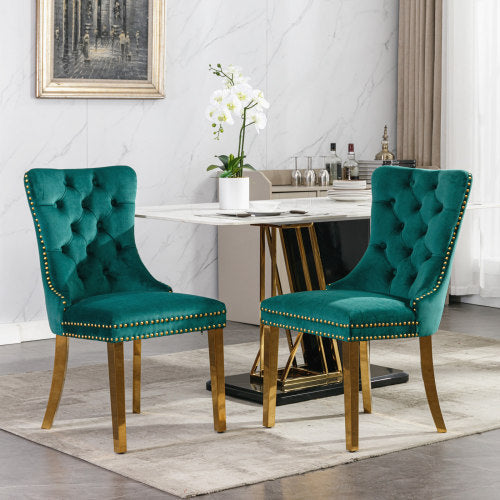 High-end Tufted Solid Wood Contemporary Velvet Upholstered Dining Chair With Golden Stainless Steel Plating Legs,Nailhead Trim,Set Of 2