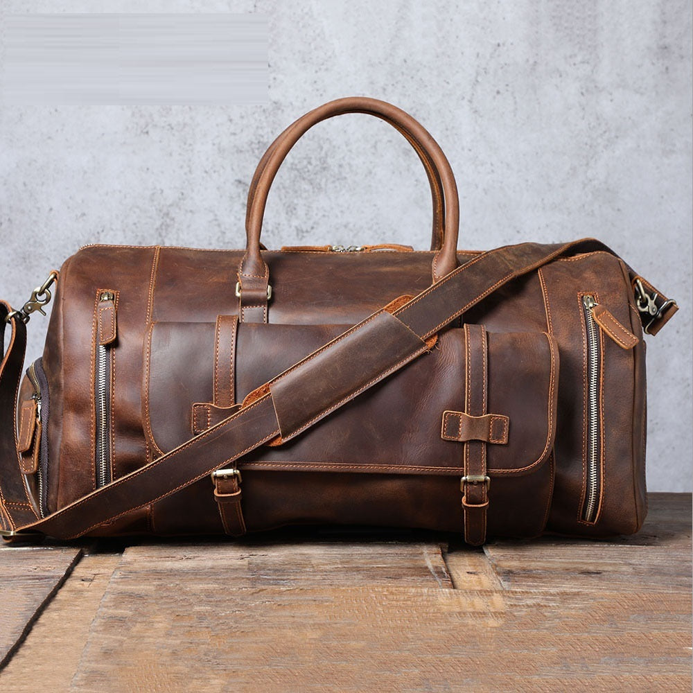 Men's Retro Genuine Leather Super Large Capacity First Layer Cowhide Leather Hand Luggage Bag