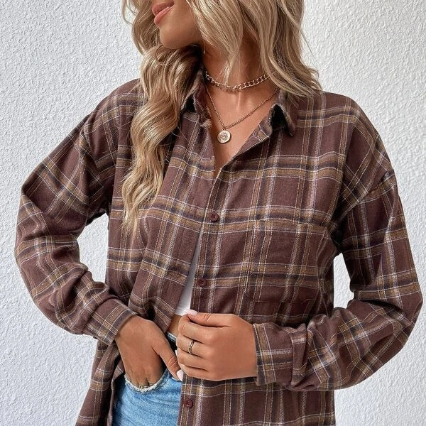 Women's Drop-shoulder Sleeve Plaid Casual Shirt