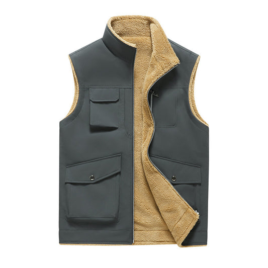 Multi-Pocket Workwear Vest Stand Collar Thin Velvet Vest