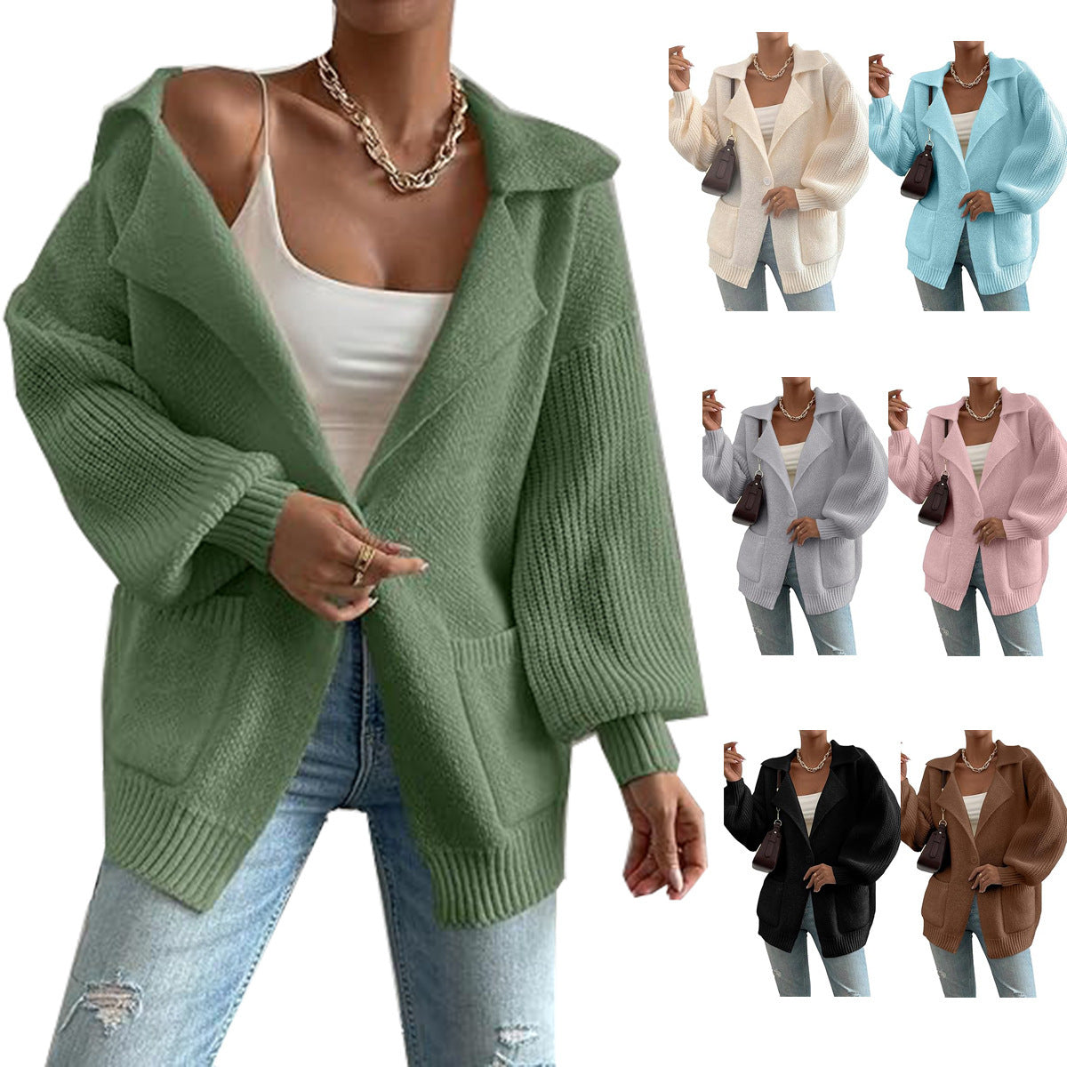 Women's Lapel Sweater Coat V-neck Buttons