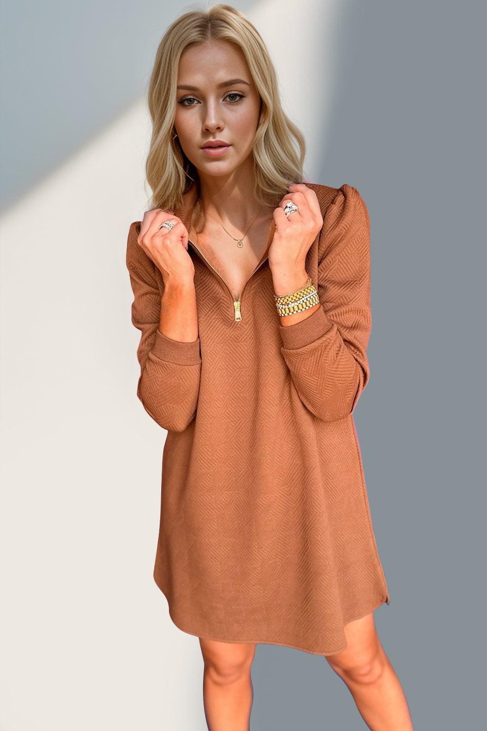 Double Take Textured Quarter Zip Long Sleeve Dress