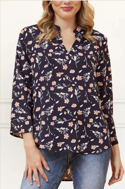 Casual Top Printed V-neck Nine-quarter Sleeve Women's T-shirt