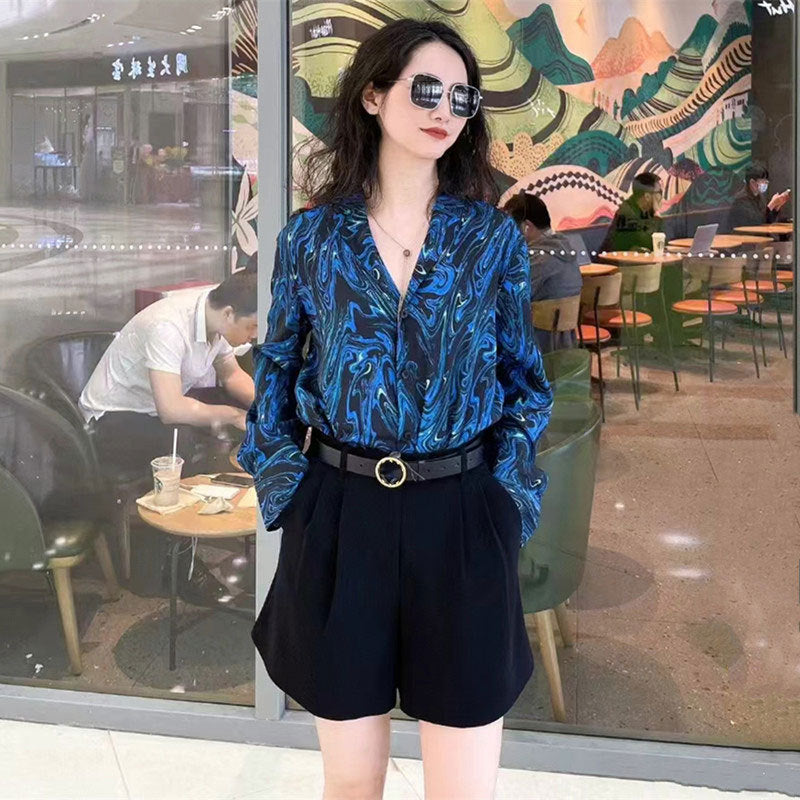 Same Style With Mall Retro Lapels V-neck Blue Ink Pattern Long Sleeve Shirt