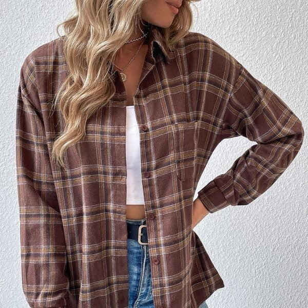 Women's Drop-shoulder Sleeve Plaid Casual Shirt