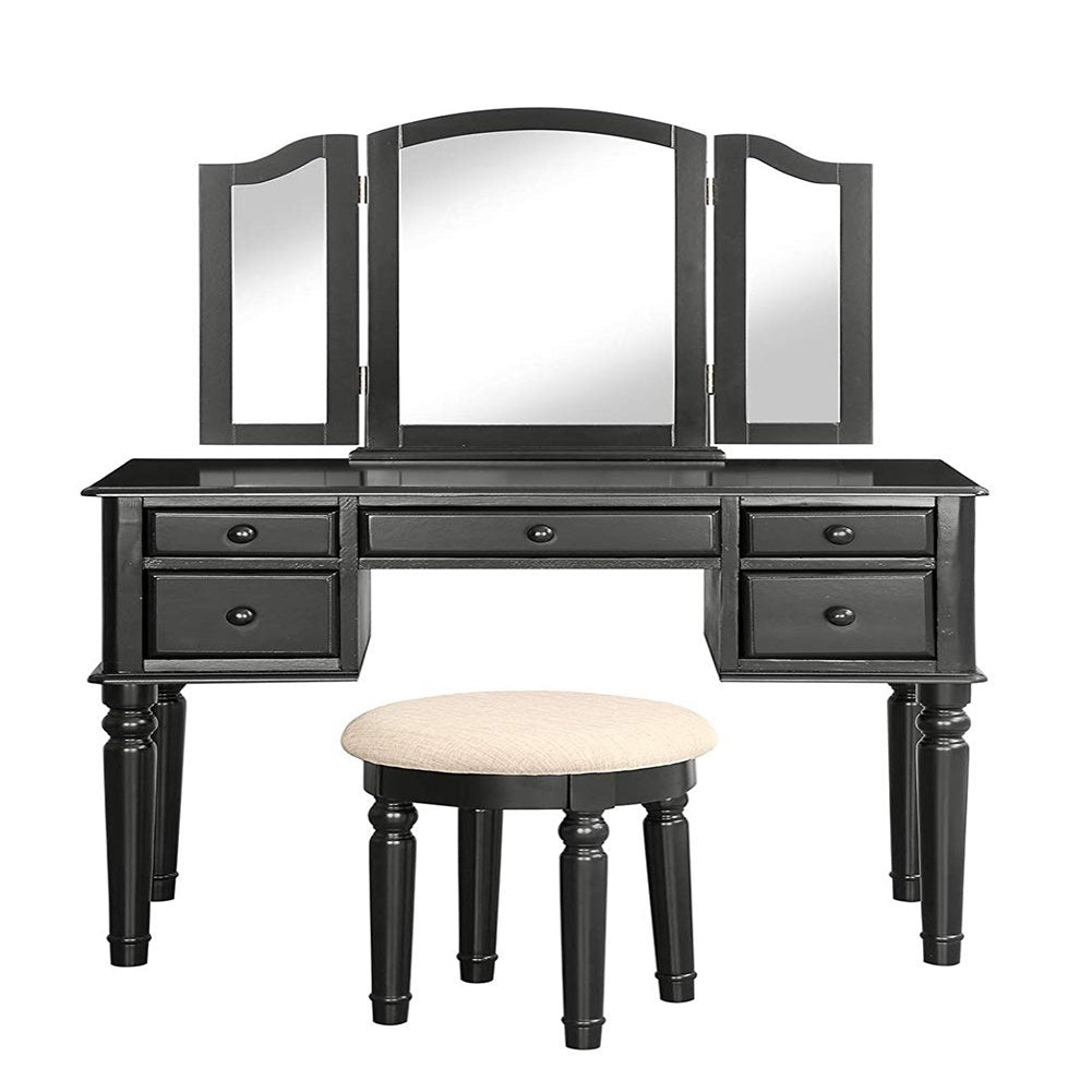 Vanity Table Set with Mirror and Stool, 5 Drawers Makeup Dressing Table with Cushioned Stool