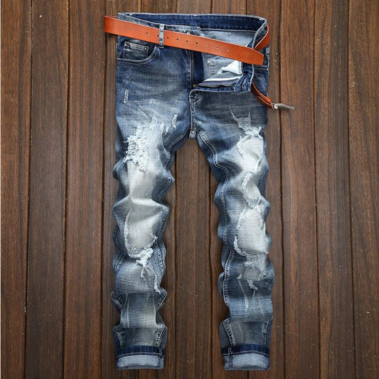 Light-colored Ripped Jeans Men's Scraped Broken Trousers Slim Small Straight Leg Pants - Shuift.com