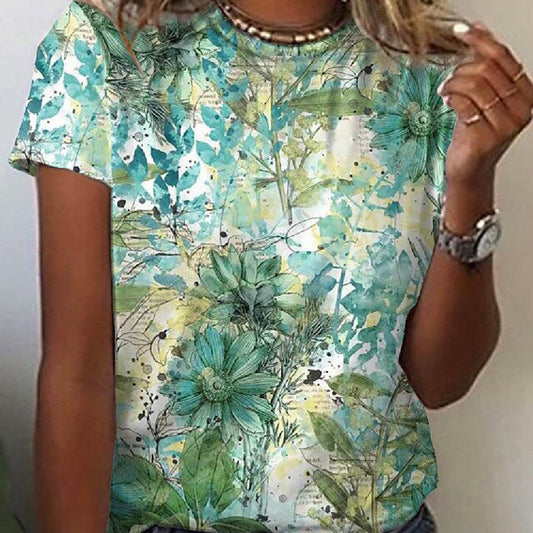 Floral Print Round Neck Short Sleeve T-shirt For Women Summer - Shuift.com