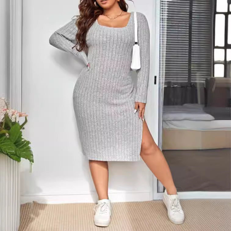 Plus Size Long Sleeve Narrow Slit Slim-fitting Sunken Stripe Knitted Dress