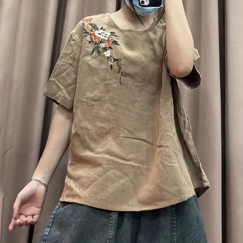 Women's Artistic Vintage Embroidery Linen Top Loose Pullover