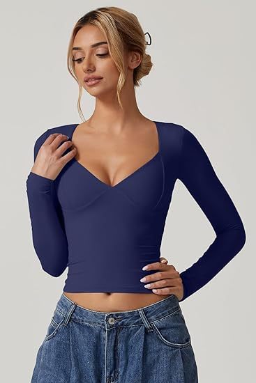 Women's Long Sleeve V-neck Midriff-baring Top T-shirt