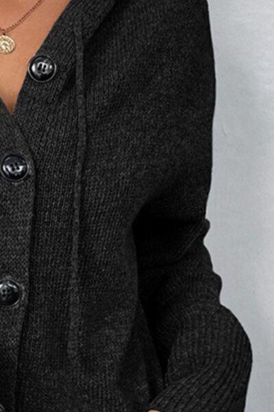 Drawstring Button Up Hooded Cardigan - Shuift.com