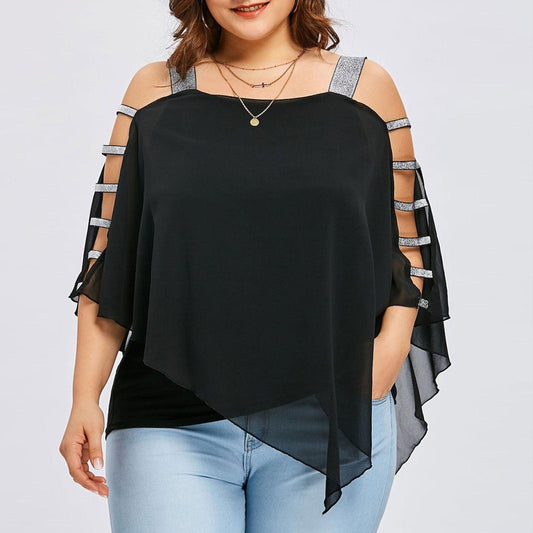 Sexy Fashion Plus Size Tops Women Ladder Sling Cut Overlay Patchwork Hollow Out Blouse Strapless Tops Flare Sleeves Blouse - Shuift.com