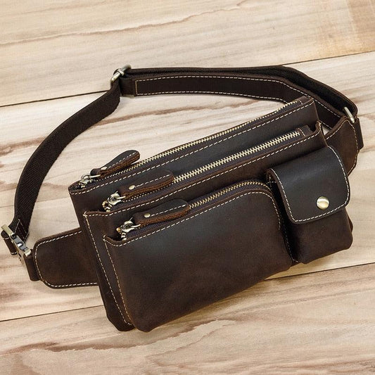 Cyflymder Crazy Horse Men Waist Bag Real Leather Chest Bag Outdoor Casual Full Grain Leather Porable Gym Bags Messenger Bag Brown - Shuift.com