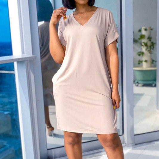 Wenkouban Plus Size 3XL Casual Pockets Dresses Women Short Sleeve V-Neck Straight Sundress Summer Loose Femme Kawaii Mini Dress - Shuift.com