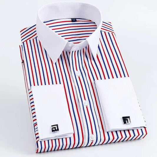 Quality Men Casual Slim Fit Shirt Mens Long Sleeve Business Dress Shirts French Cufflinks Shirt Male Striped Shirt - Shuift.com