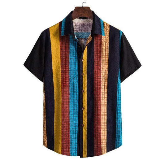 Wish summer new large size men's short-sleeved striped shirt loose casual men's printed shirt - Shuift.com