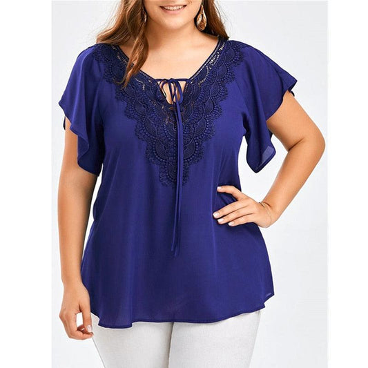 Plus Size Women Clothing T-Shirts Summer Short Sleeve Chiffon Pullovers Tops Lace V-Neck Fashion Blue T-Shirt Female Tees - Shuift.com