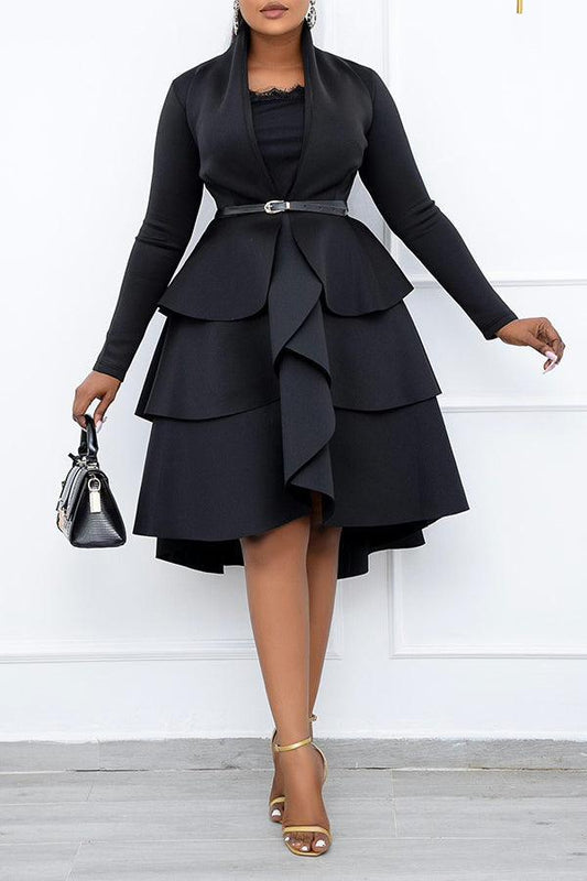 Elegant Solid Color Long Sleeved Ruffled Plus Size Midi Dress - Shuift.com